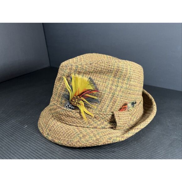Stetson Plaid Wool Fedora Hat Sz 7 1/8 With Feathers Brown Green - Picture 1 of 11